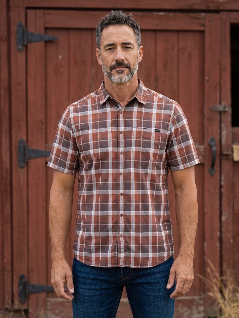 5.11 Tactical Brown and White Plaid Short-Sleeve Button-Down Shirt
